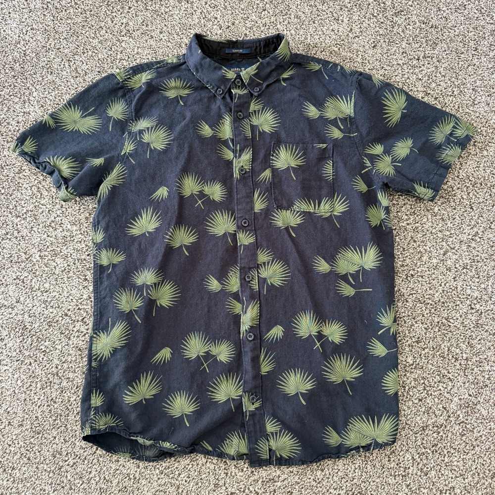 Roark Scholar Fronds Short Sleeve Woven Camp Shirt Black Men's M Linen Blend